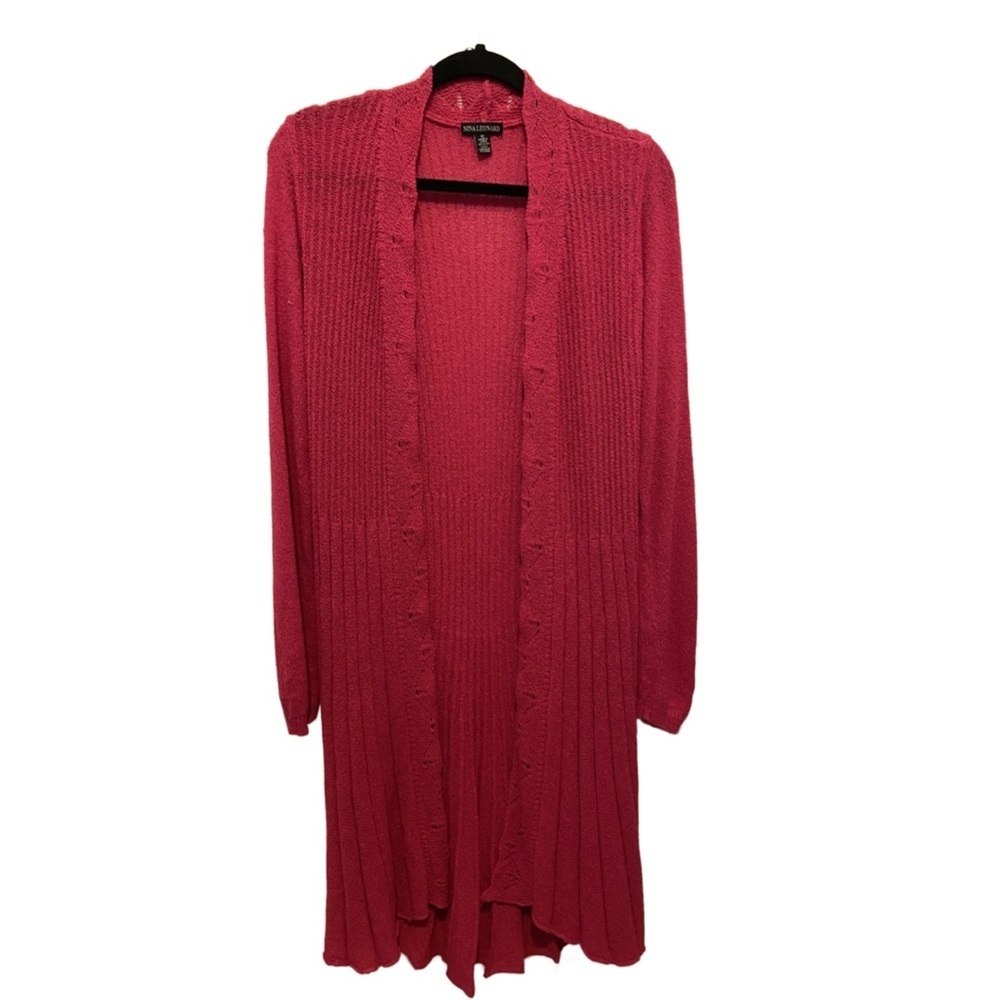 Nina Leonard Knit Long Cardigan Long Sleeve With Uneven Hem Bright Pink Size M - Picture 2 of 13